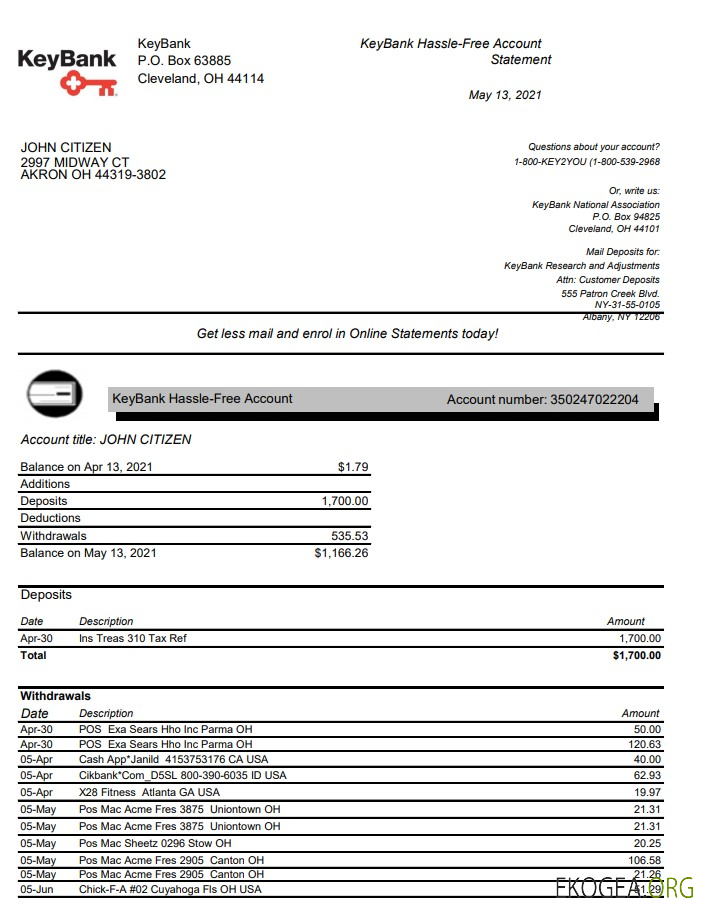 États Unis Ohio KeyBank excel